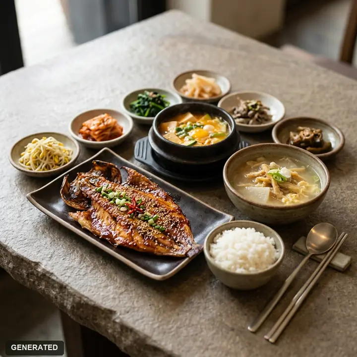 grilled dried pollack and deodeok root set meal