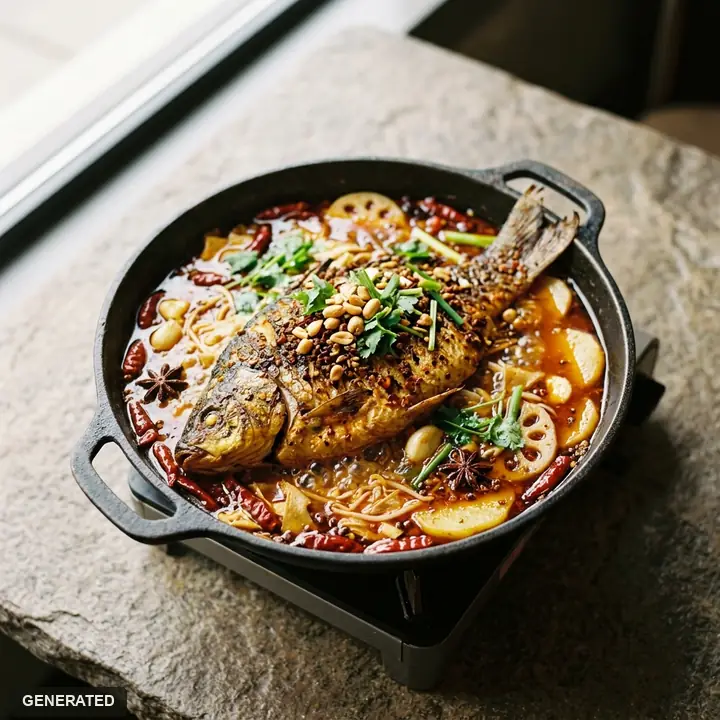 kaoyu (Chinese grilled fish in spicy broth) with sea bass, green Sichuan pepper flavor