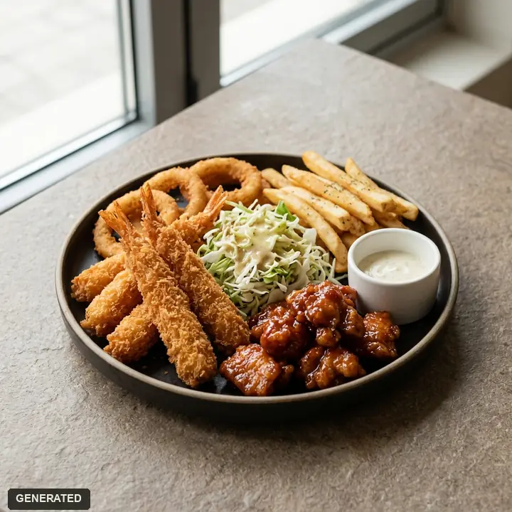 fish fry platter (fried fish, onion rings, fries, Korean sweet-spicy chicken)