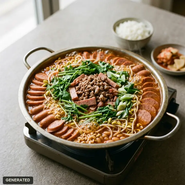 budae-jjigae (army stew) set for two with a rolled omelet