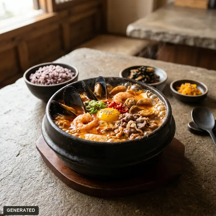 extra-spicy ramyeon sundubu (soft tofu stew with instant noodles)