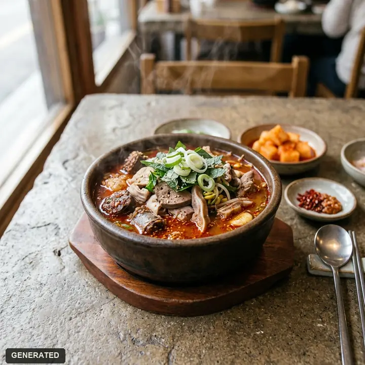 eolkeun sundae-guk (spicy Korean sausage soup with rice)