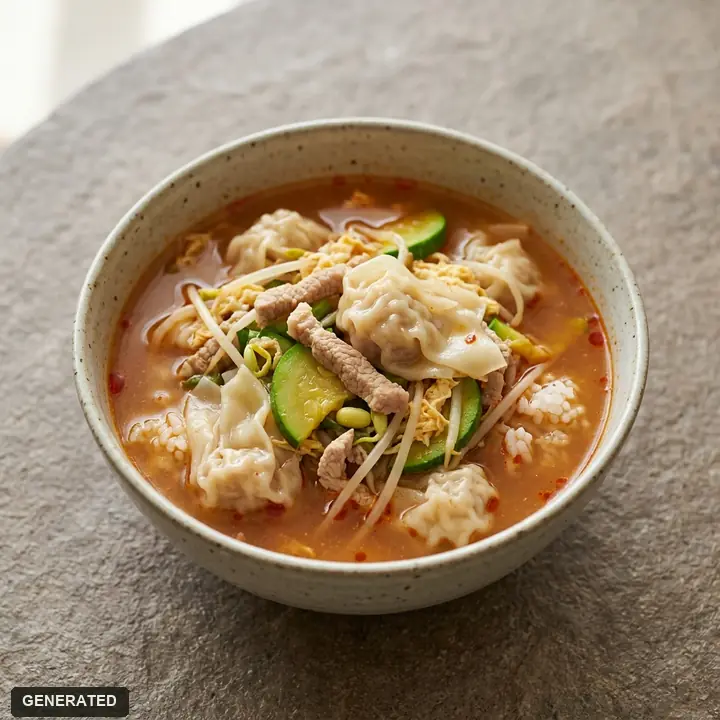 wonton gukbap (spicy wonton soup with rice and bean sprouts)