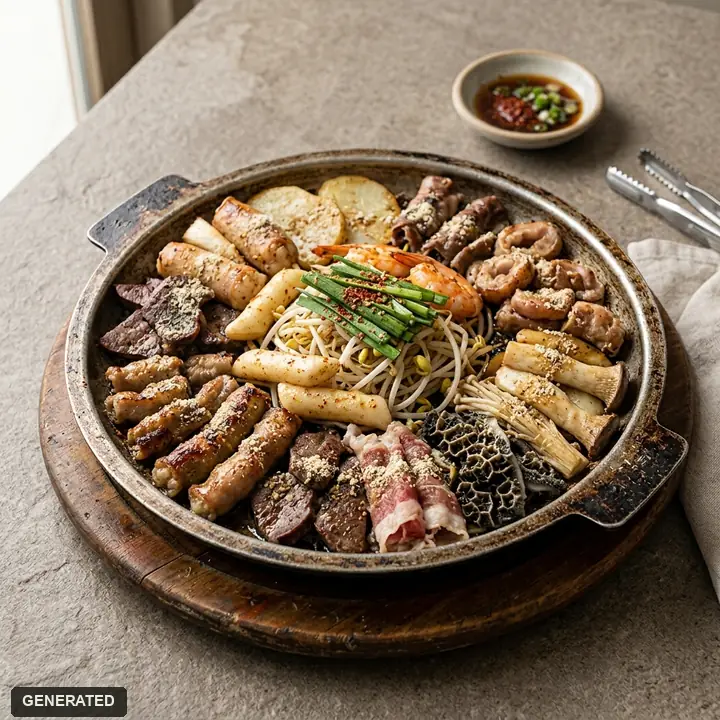 set for two: Korean beef gopchang (grilled intestines), yukhoe (raw beef), spicy baby octopus and cheese fried rice