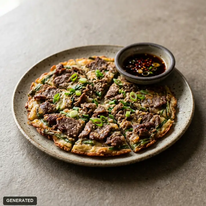 bulgogi pajeon (scallion pancake with sweet marinated beef)