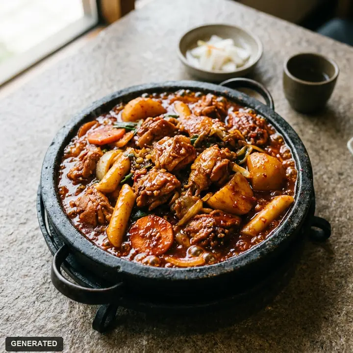 dakbokkeumtang (spicy braised chicken with potatoes) on a hot stone plate, boneless