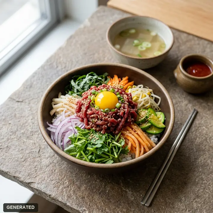 hanwoo yukhoe bibimbap (rice bowl with Korean raw beef)