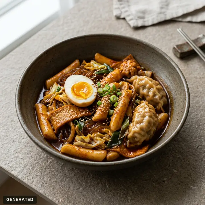 bandori tteokbokki (rice cakes cooked at your table in half red pepper, half black bean sauce)