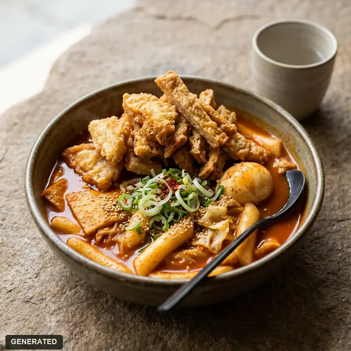 tteokbokki topped with crispy fried fish cake