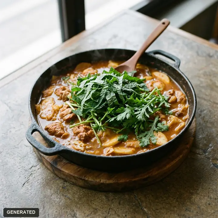 mul-dakgalbi (spicy chicken stew, Taebaek style) with udon and jjolmyeon noodles