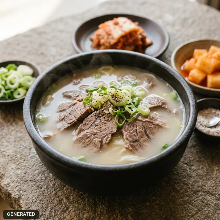 hanwoo eunseoltang (clear seolleongtang, ox bone soup with Korean beef)