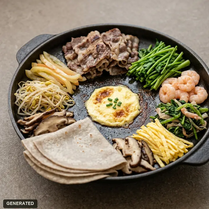 chadol gujeolpan (thin beef brisket with many small toppings, torched at your table)