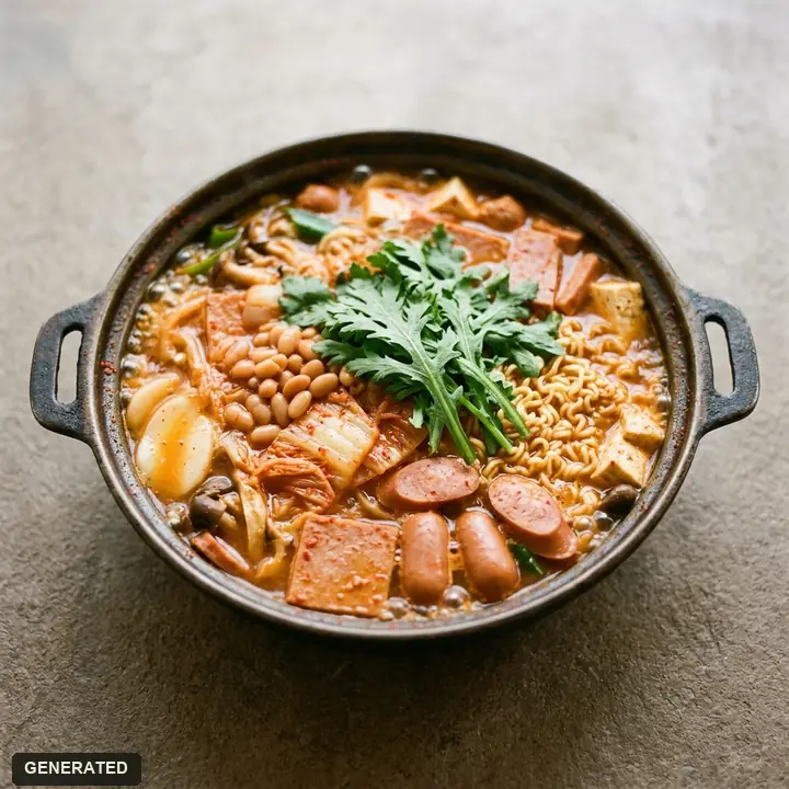 budae-jjigae (spicy army stew with ham and sausage) for two, extra ham
