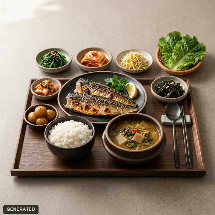 grilled mackerel set with jeyuk (spicy stir-fried pork)