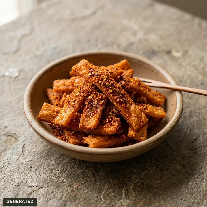 jjondeugi (chewy fried Korean snack strips) with hot chili seasoning