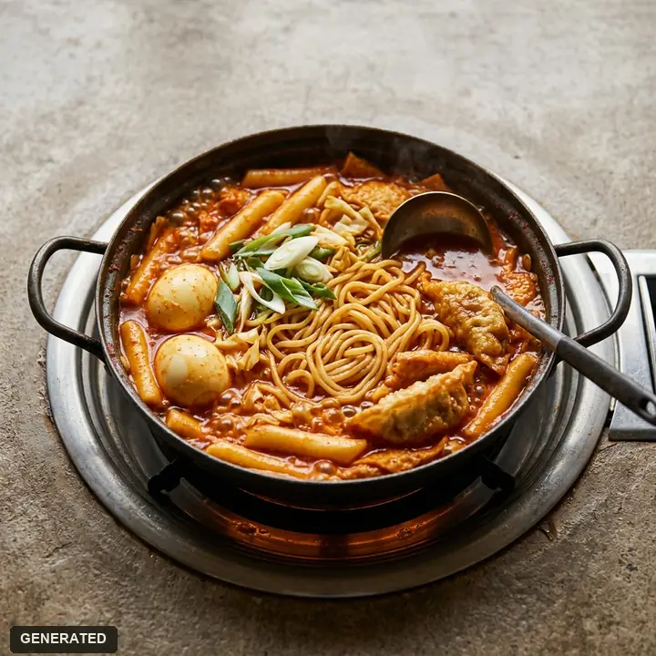 Hyunsunine set (tteokbokki spicy rice cakes, fried snacks, sundae blood sausage, rice ball)