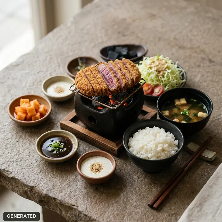 gyukatsu set (breaded beef cutlet you finish on a small grill)