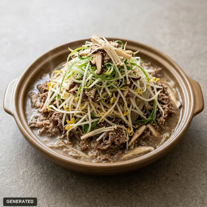 Seoul-style bulgogi (beef cooked at the table with bean sprouts and glass noodles)