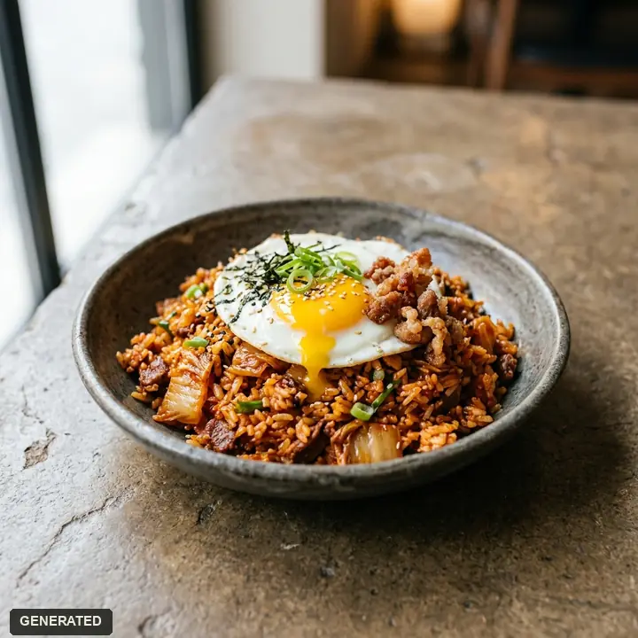 kimchi fried rice with slow-cooked kimchi ragu and beef