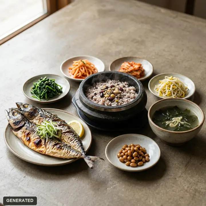 set for two: grilled mackerel, grilled Spanish mackerel, and kimchi jjigae (kimchi stew)