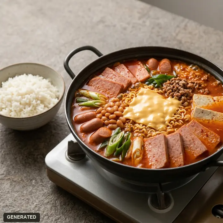Songtan-style budae-jjigae (army stew packed with ham and sausage)