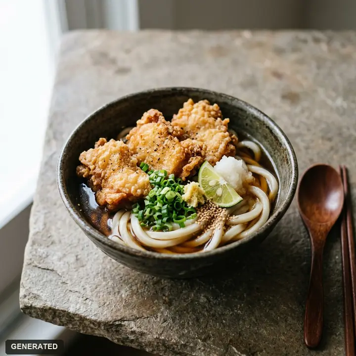 toriten bukkake udon (cold udon with chicken tempura and a little sauce)
