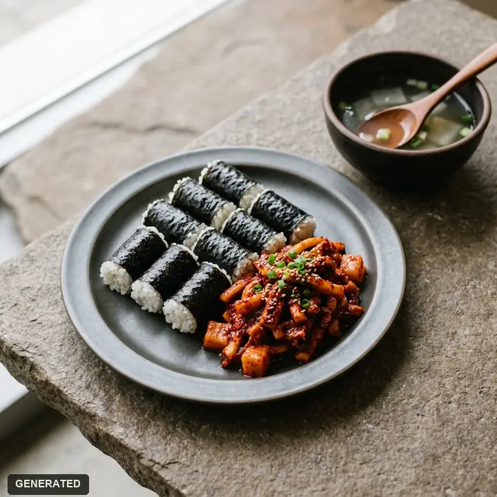 chungmu gimbap (small plain rice rolls with spicy squid and radish)
