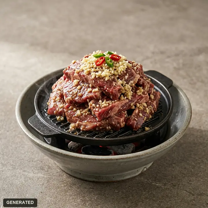 set of grilled beef brisket and yukhoe (raw beef tartare) with chili and perilla leaf