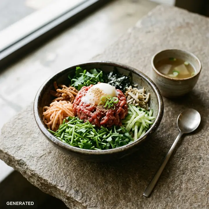 yukhoe bibimbap (rice bowl with raw beef) with minari (water parsley)