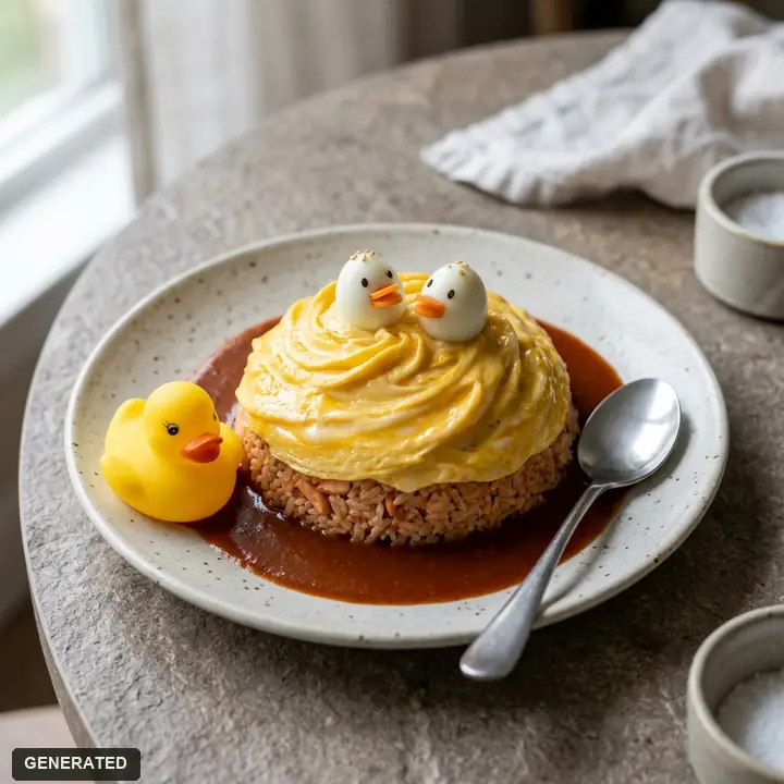 Oh!set (omurice omelet rice with a rubber duck, gochujang butter pasta, fried corn)