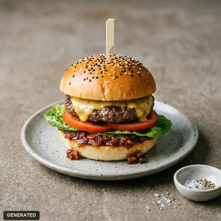 Egg Benedict burger (beef patty with poached egg, ham and hollandaise)