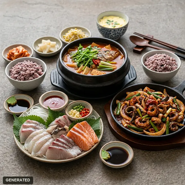 set of hoe (sliced raw fish), gomjangeo (grilled hagfish) and maeuntang (spicy fish stew)