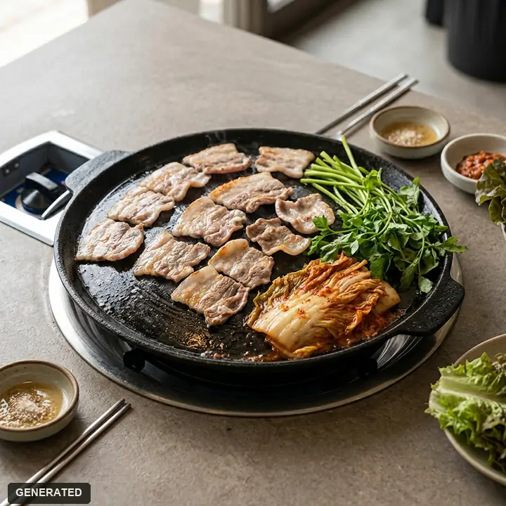 set with frozen-sliced samgyeopsal (pork belly), steamed egg, and cold noodles
