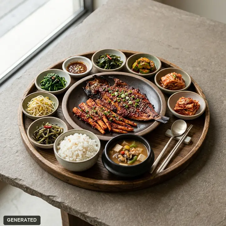 couple set A (grilled hwangtae dried pollock, grilled deodeok root, makguksu, potato pancake)