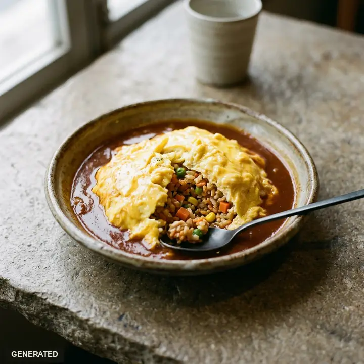 Darak omurice (fried rice under a soft omelet)