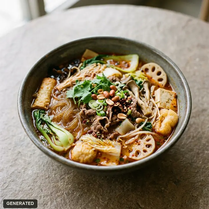 malatang (spicy Sichuan hot pot soup) with beef, level 2 spice