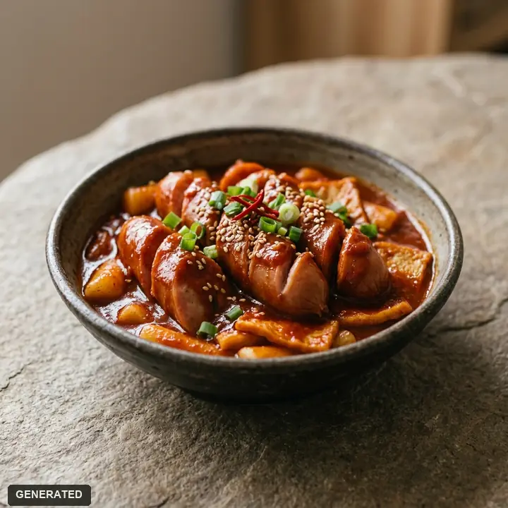 tteokbokki set for two (spicy rice cakes with egg, dumpling, fish cake and a hot dog)