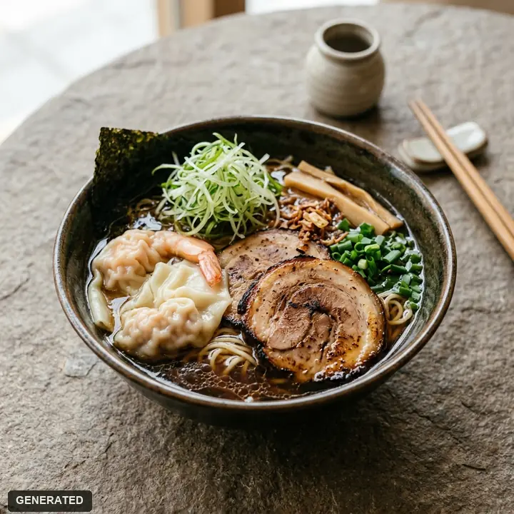 special shoyu ramen (soy sauce ramen with wontons and three kinds of pork)