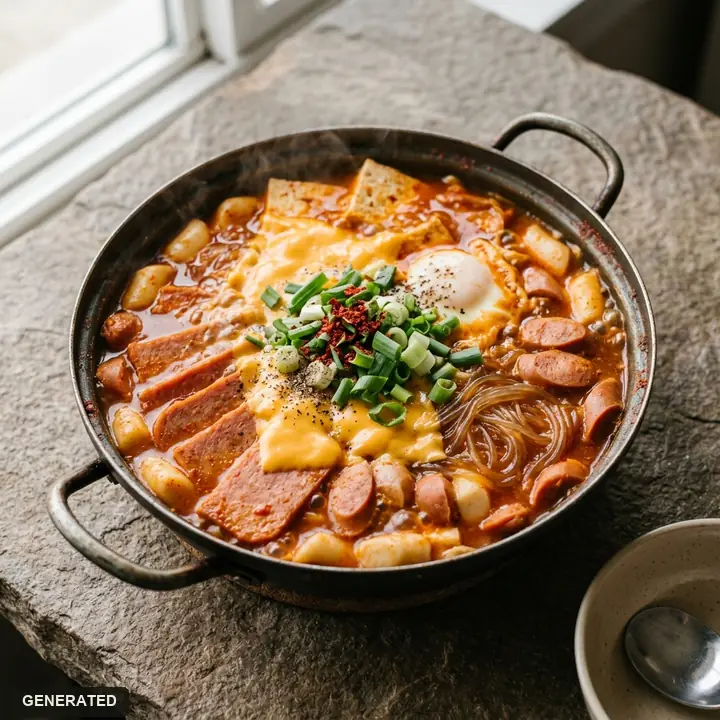 budae-jjigae (spicy army stew with ham and sausage), for two