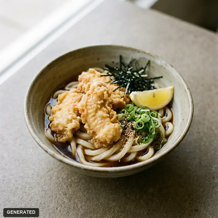 ebiten bukkake udon (udon with shrimp tempura, sauce poured on)