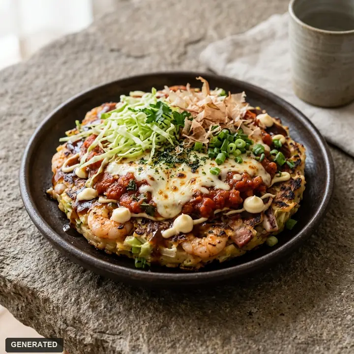 okonomiyaki (savory Japanese pancake) with shrimp and tomato sauce