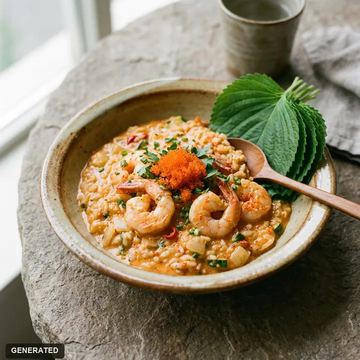 basil oil pasta with myeongnan (salted pollock roe) and shrimp
