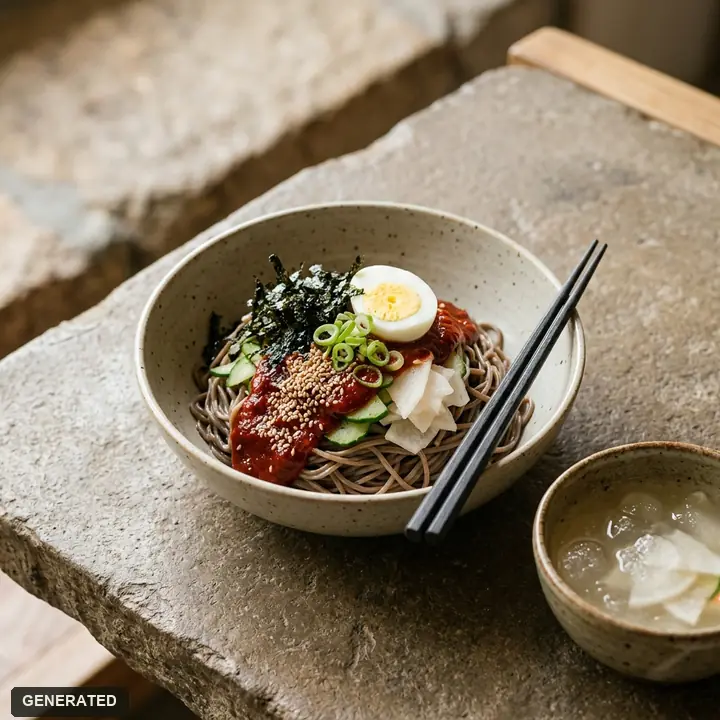 bibim makguksu (spicy cold buckwheat noodles)