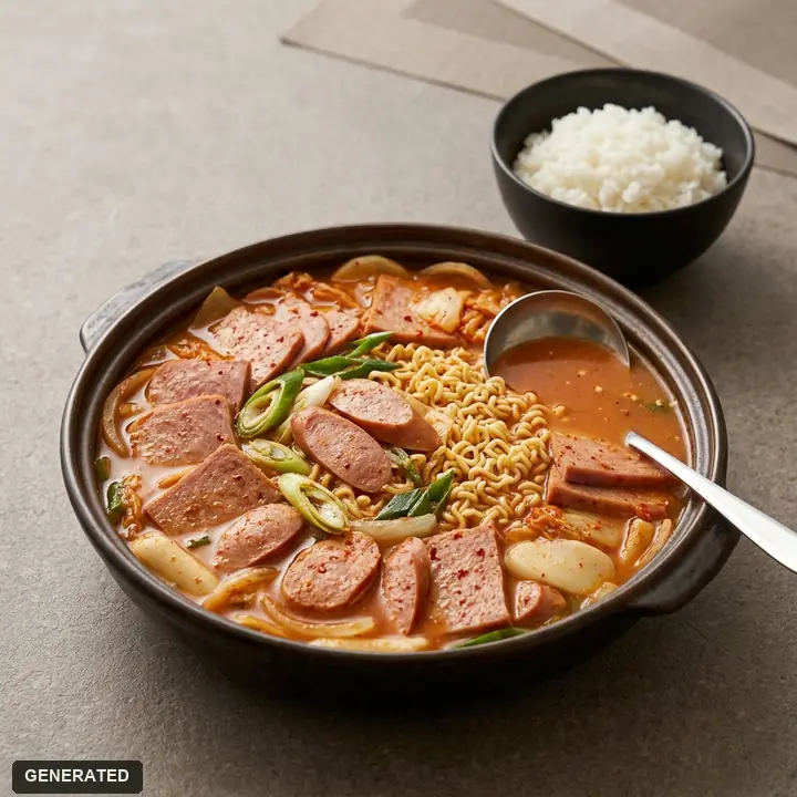 budae-jjigae (spicy army stew with ham and sausage), for two