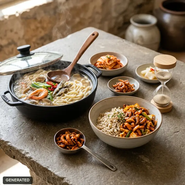 칼국수쭈꾸미정식 — 복해물칼국수 + 직화쭈꾸미볶음 + 보리밥