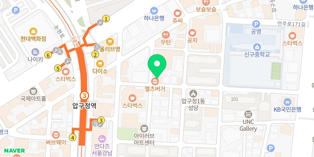 Map showing where Melcheubeogeo Apgujeong is