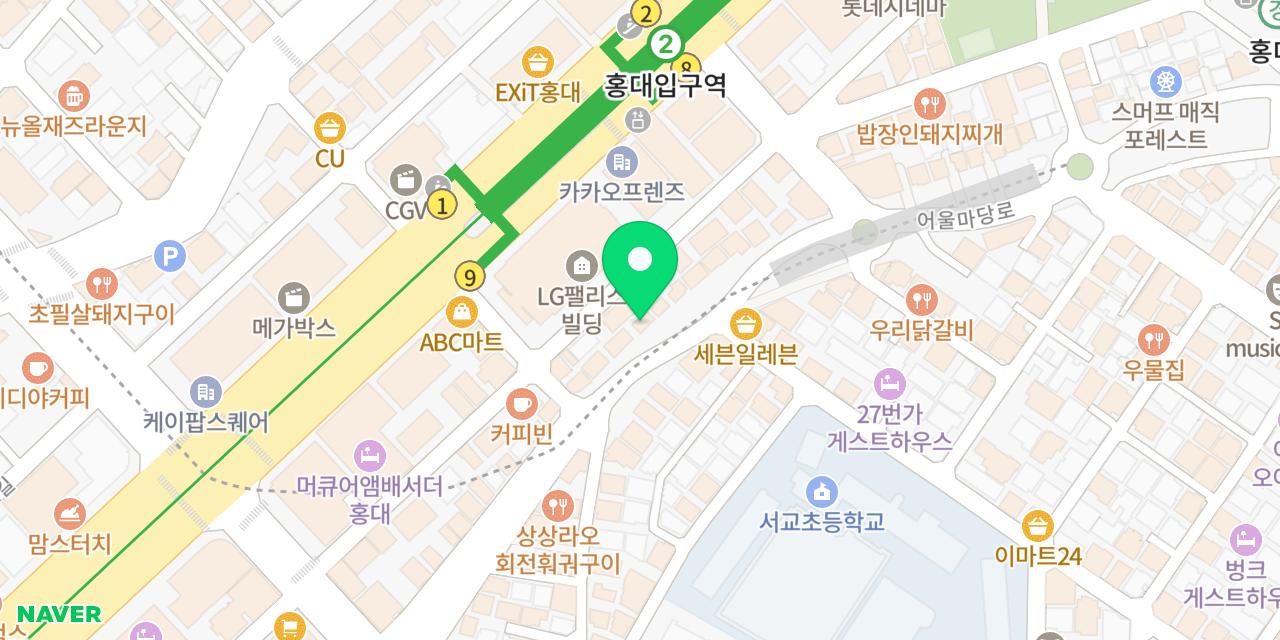 왓에버타코 홍대점 위치가 표시된 지도
