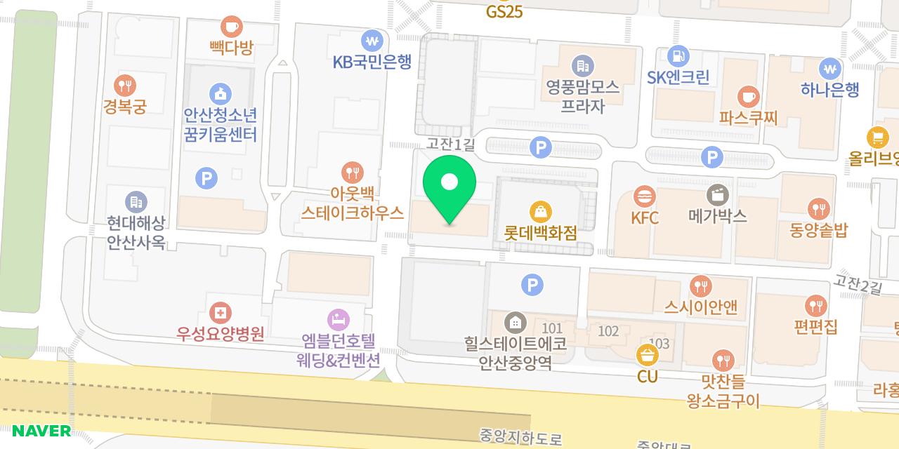 상무초밥 안산중앙동점 위치가 표시된 지도