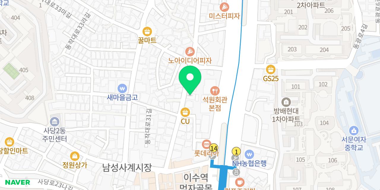 Map showing where Deossanghwa Coffee Sadang-jeom is