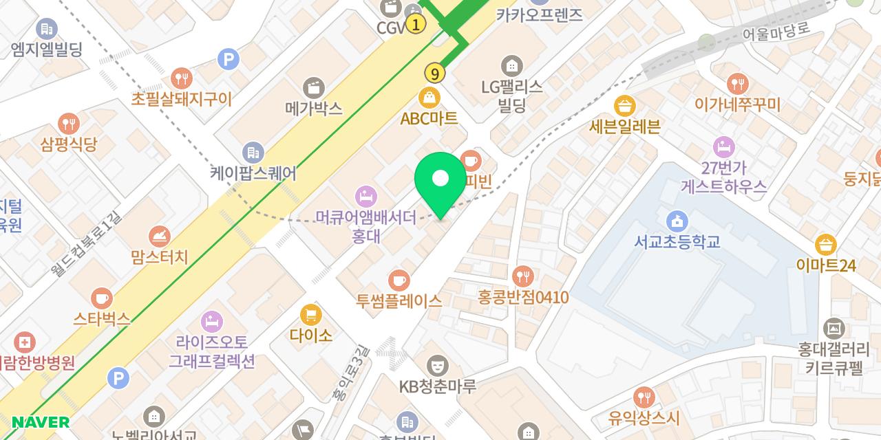 BBQ치킨 홍대입구점 위치가 표시된 지도